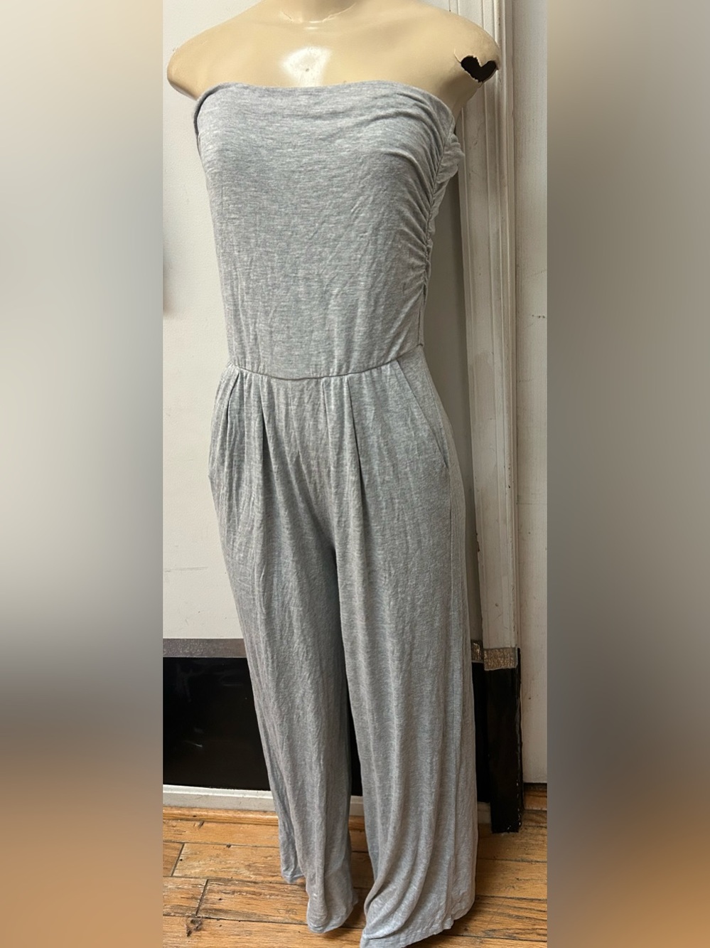 Strapless Wide-Leg Jumpsuit in Light Gray